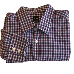 Hugo BOSS Regular Fit Men's Casual Button Down Checkered Shirt While Blue Purple